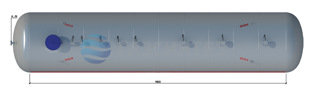 Чертеж расположения штуцеров наземного резервуара для СУГ объемом 80 м3