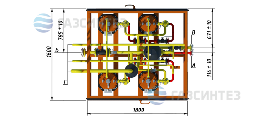Габариты электрической испарительной установки на базе четырех испарителей производительностью 1200 кг/ч